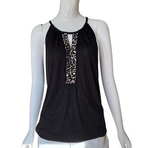 INC International Concepts Black Silver Sequin Trim Relaxed Fit Tank Top Size Sm